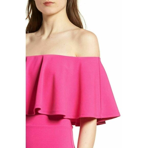Soprano Womens Pink Ruffle Off-the-Shoulder Bodycon Dress Size S - Picture 4 of 13